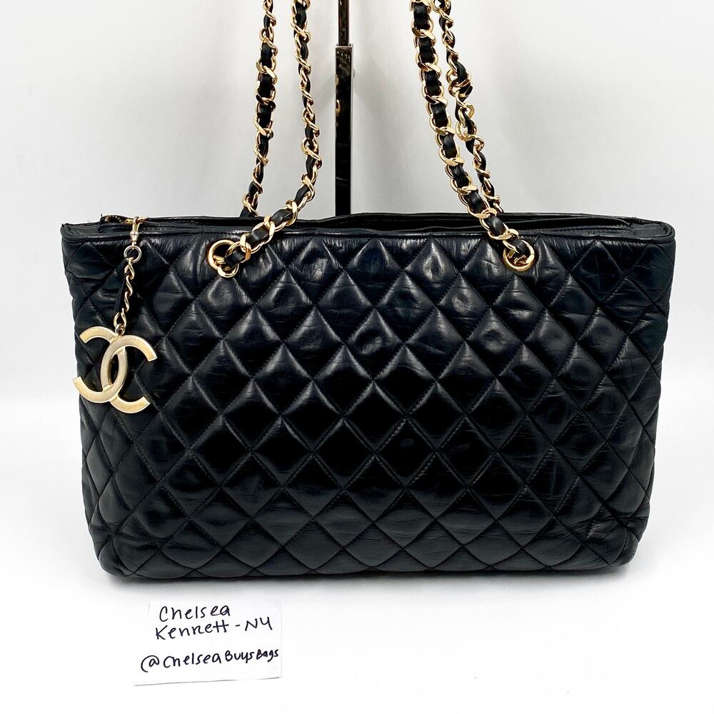 Chanel Vintage Quilted Tote Bag Black Leather Shoulder Shopper chain 24kt - Picture 2 of 15